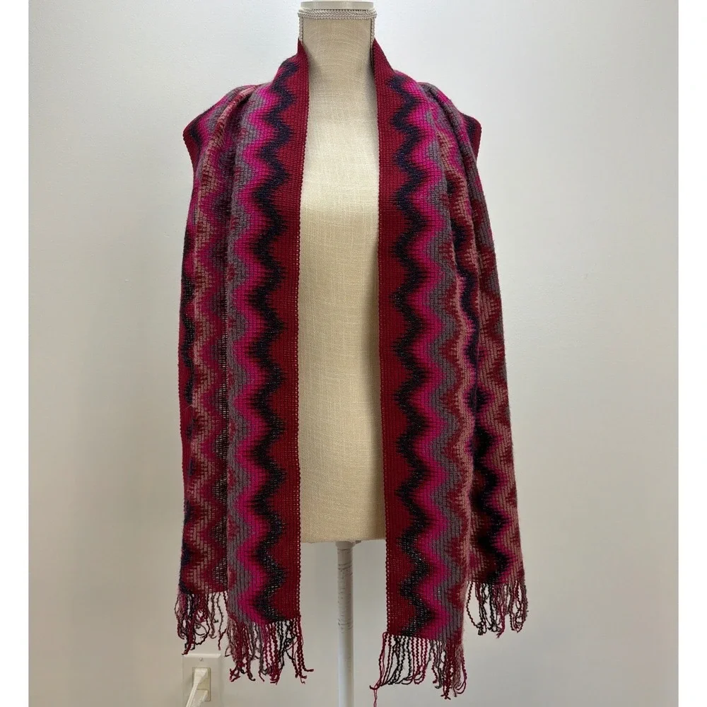 Missoni Foulard‎ Wool Mohair Blend Pink Chevron Fringe Scarf Vibrant Lightweight